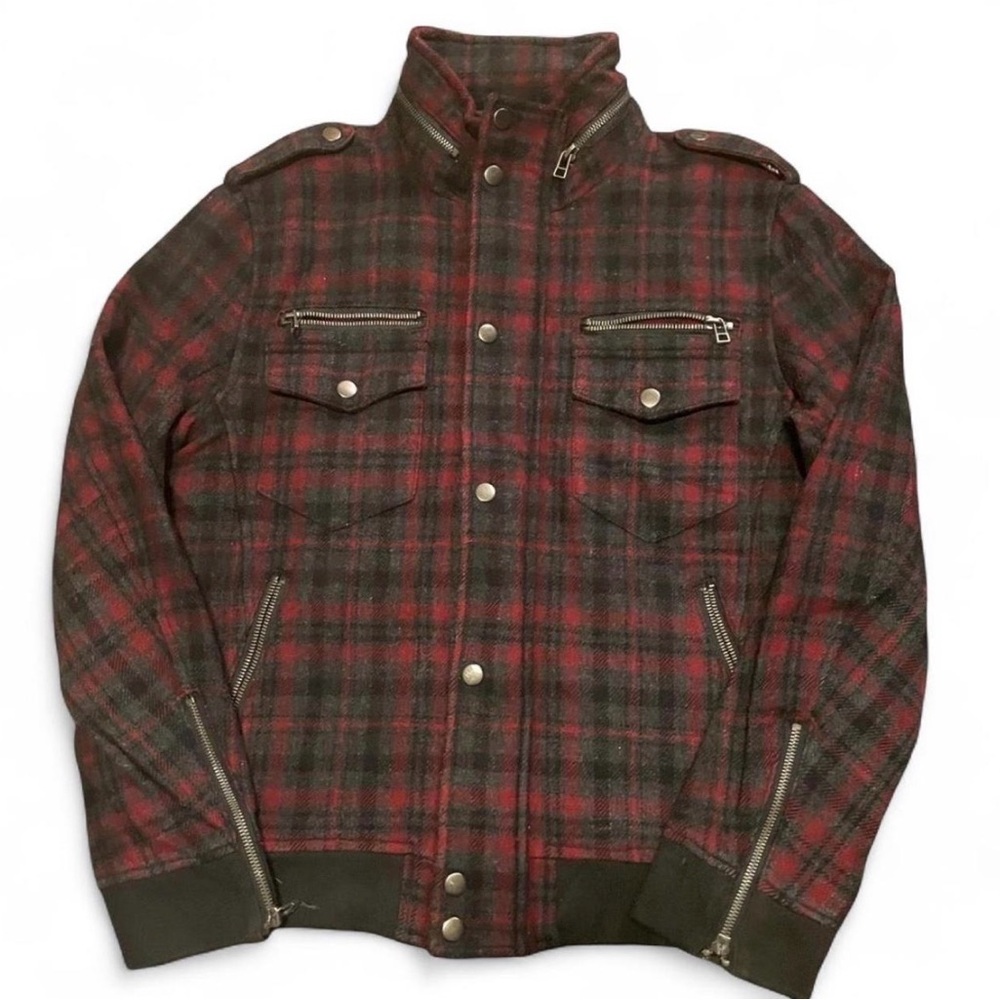 Semantic Design Red Plaid Wool Blend Military Style Jacket with Removable Hood - Picture 2 of 8